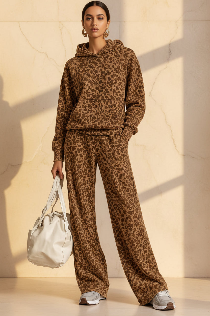 Washed Leopard Hoodie & Wide-Leg Set